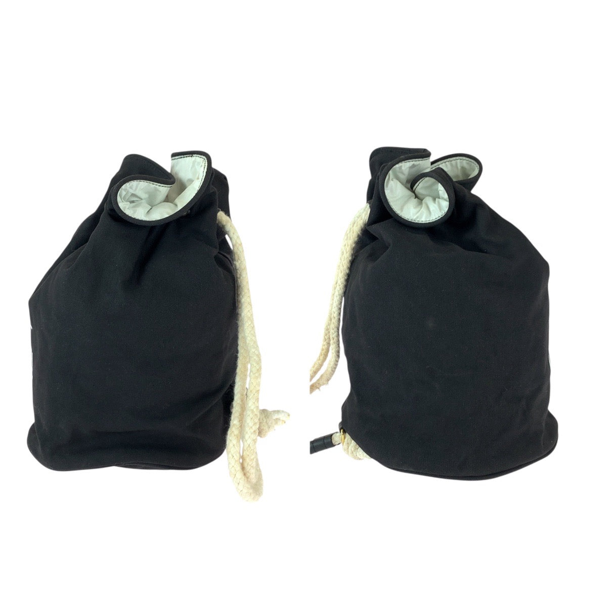 22149
CHANEL シャネル 巾着 ブラック ホワイト ゴールド金具 キャンバス ショルダーバッグ レディース AB7