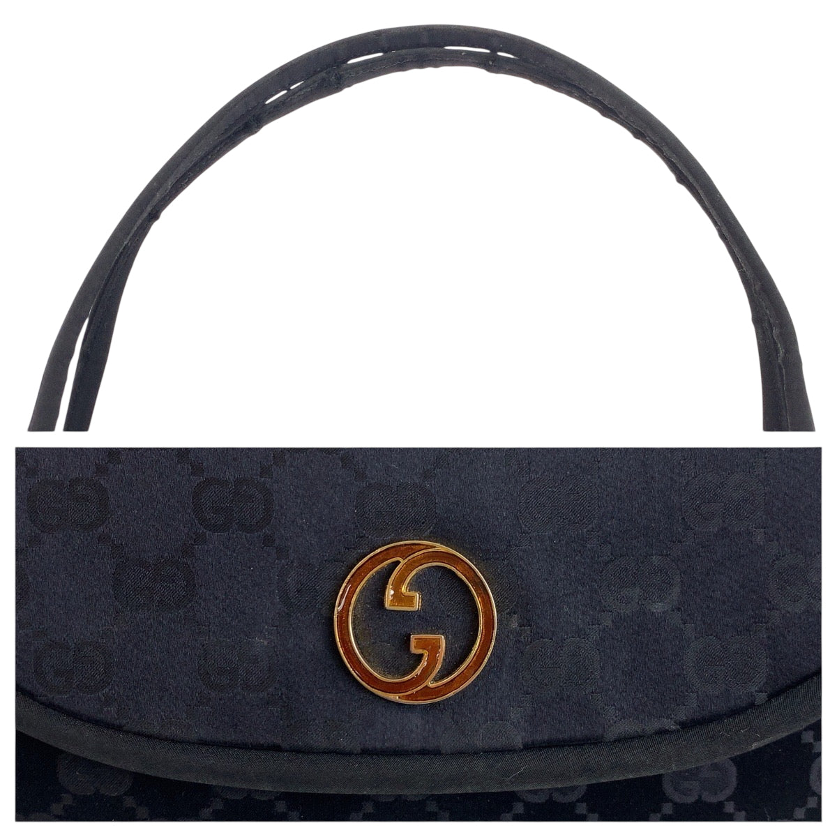 22151
GUCCI グッチ ヴィンテージ GG柄 ブラック 黒 ゴールド金具 サテン ハンドバッグ レディース AB21