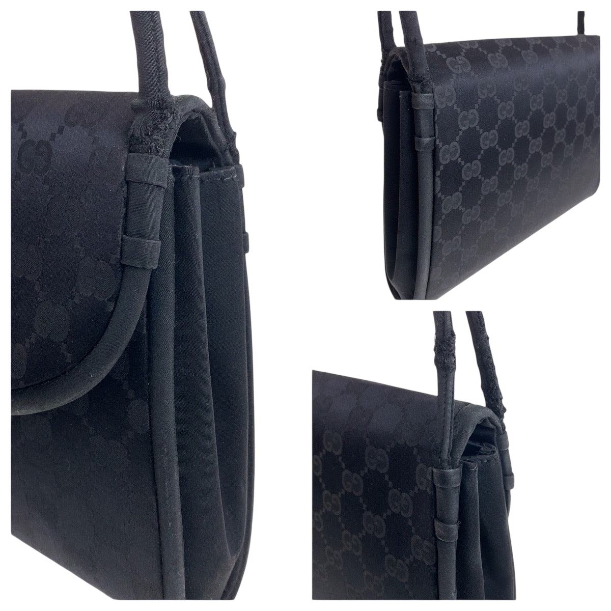 22151
GUCCI グッチ ヴィンテージ GG柄 ブラック 黒 ゴールド金具 サテン ハンドバッグ レディース AB21