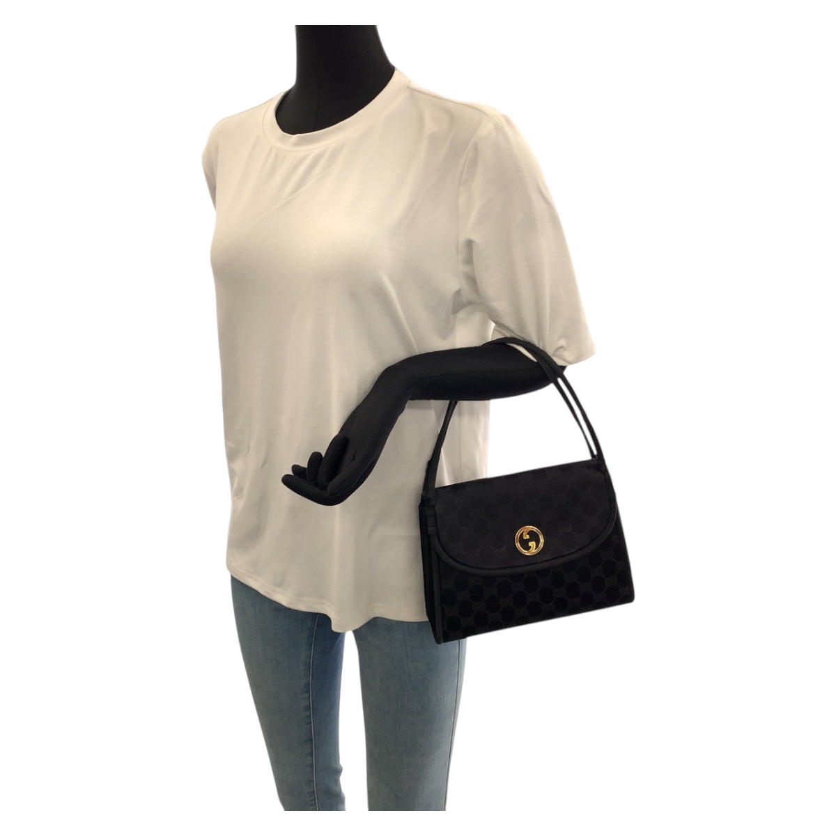 22151
GUCCI グッチ ヴィンテージ GG柄 ブラック 黒 ゴールド金具 サテン ハンドバッグ レディース AB21