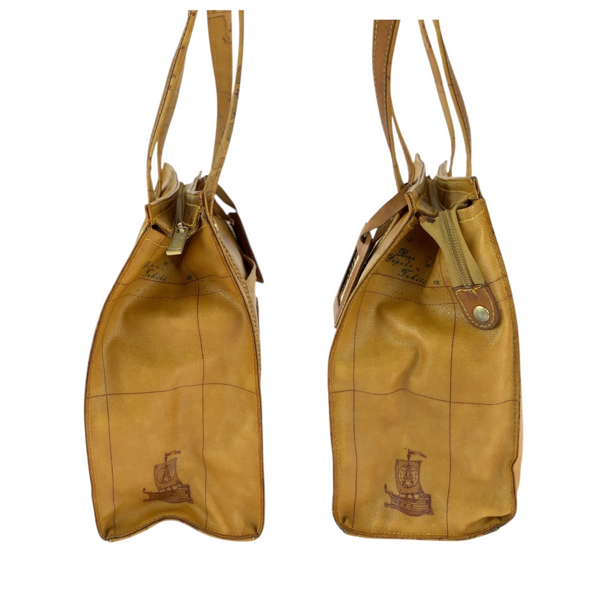 22156
PRIMA CLASSE プリマクラッセ 地図柄 ブラウン キャメル ゴールド金具 PVC / レザー トートバッグ ショルダーバッグ レディース AB7