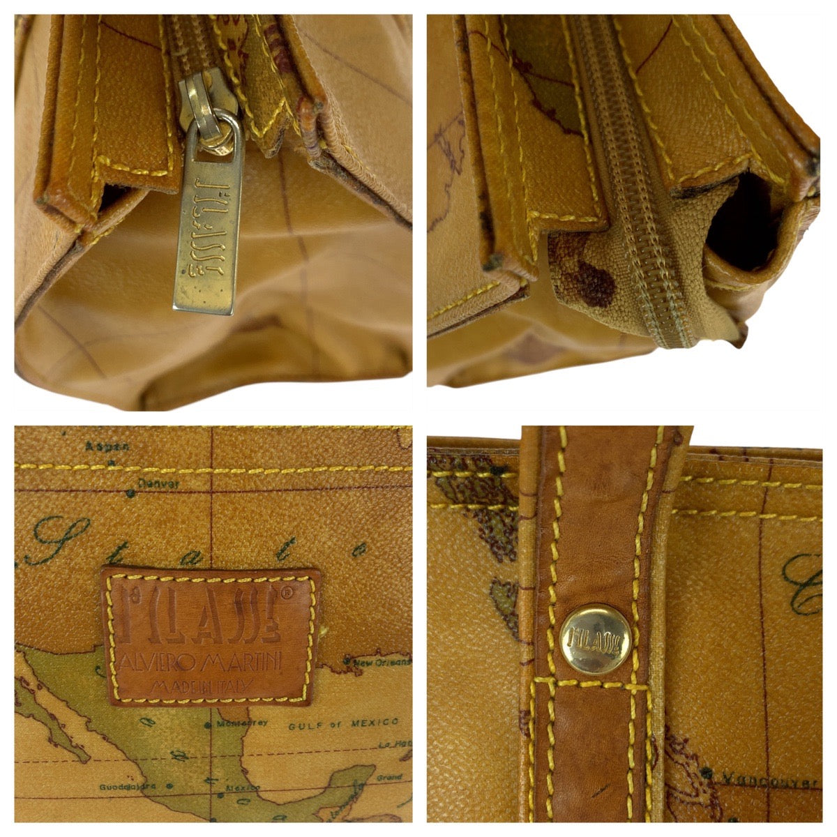 22156
PRIMA CLASSE プリマクラッセ 地図柄 ブラウン キャメル ゴールド金具 PVC / レザー トートバッグ ショルダーバッグ レディース AB7