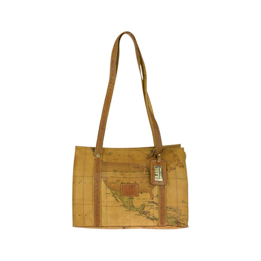 22156
PRIMA CLASSE プリマクラッセ 地図柄 ブラウン キャメル ゴールド金具 PVC / レザー トートバッグ ショルダーバッグ レディース AB7