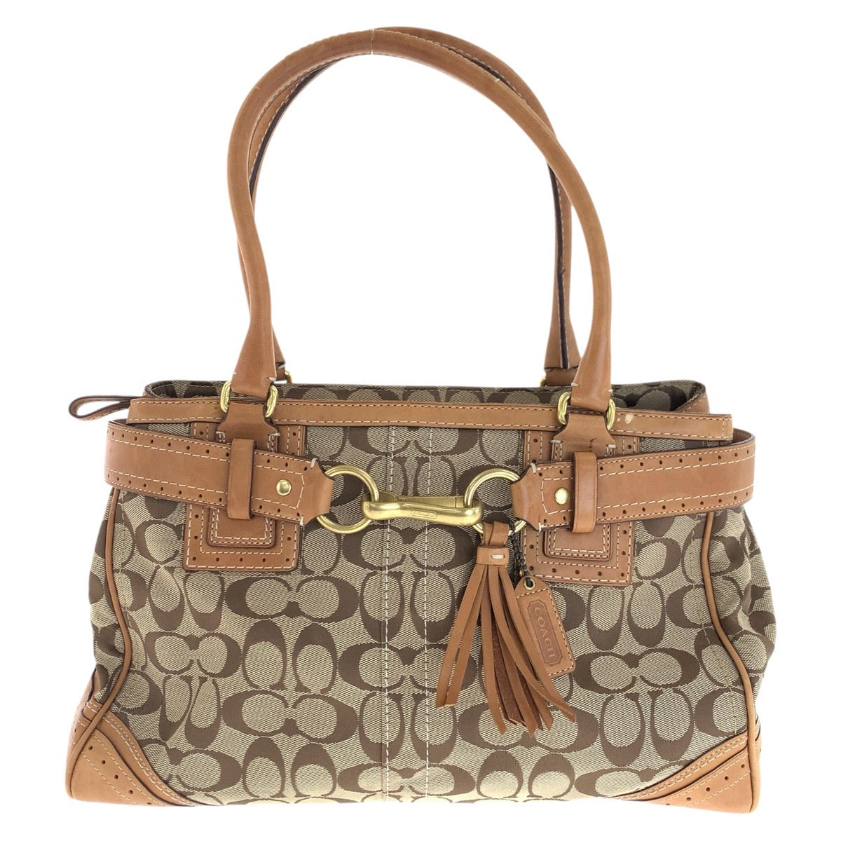22163
COACH コーチ シグネチャー タッセル ブラウン ベージュ ゴールド金具 キャンバス / レザー 10508 トートバッグ ハンドバッグ レディース AB5