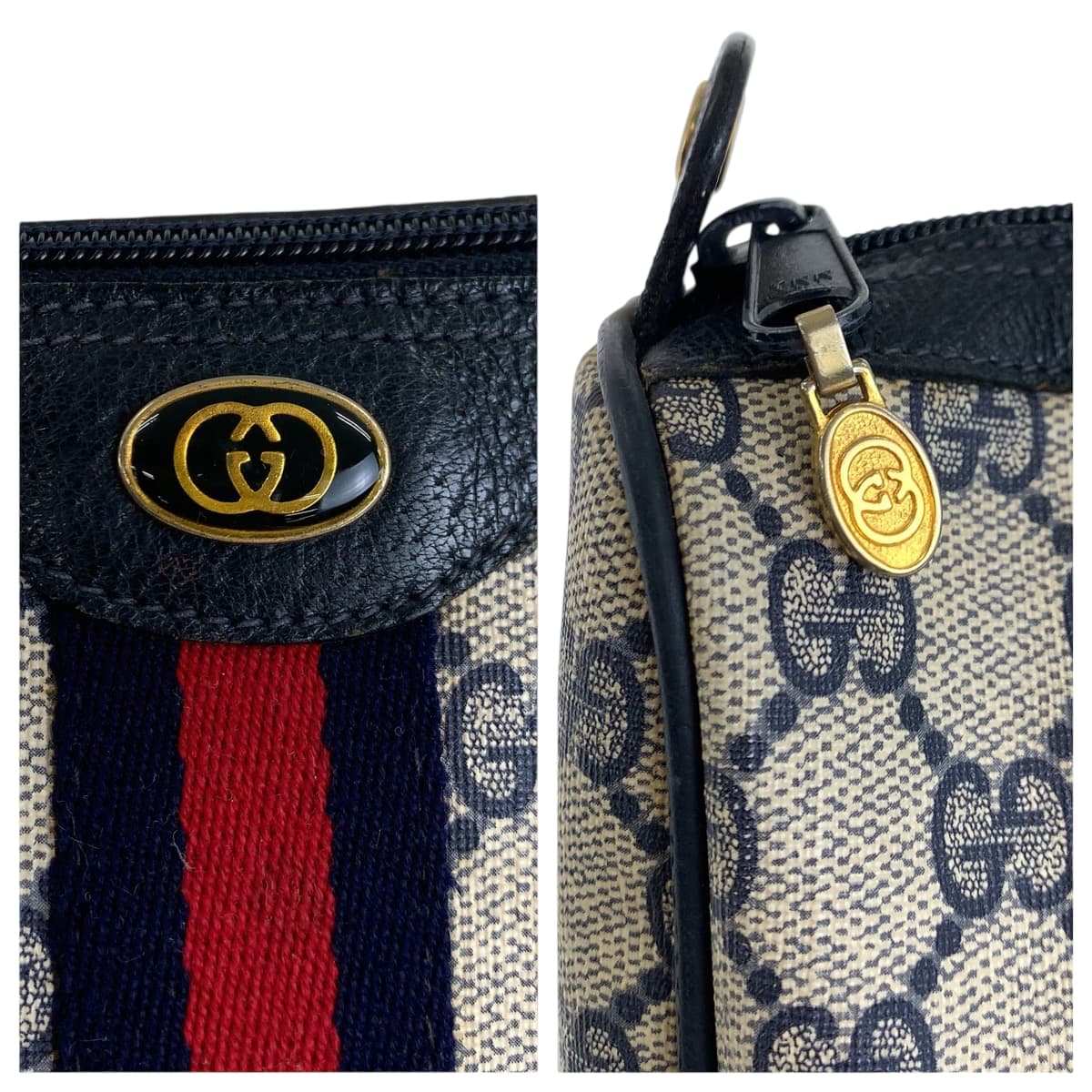 22176
GUCCI Vintage Sherry Line Gray Navy Gold Hardware GG Supreme Canvas 41 02 017 Clutch Bag Second Bag Men's AB15