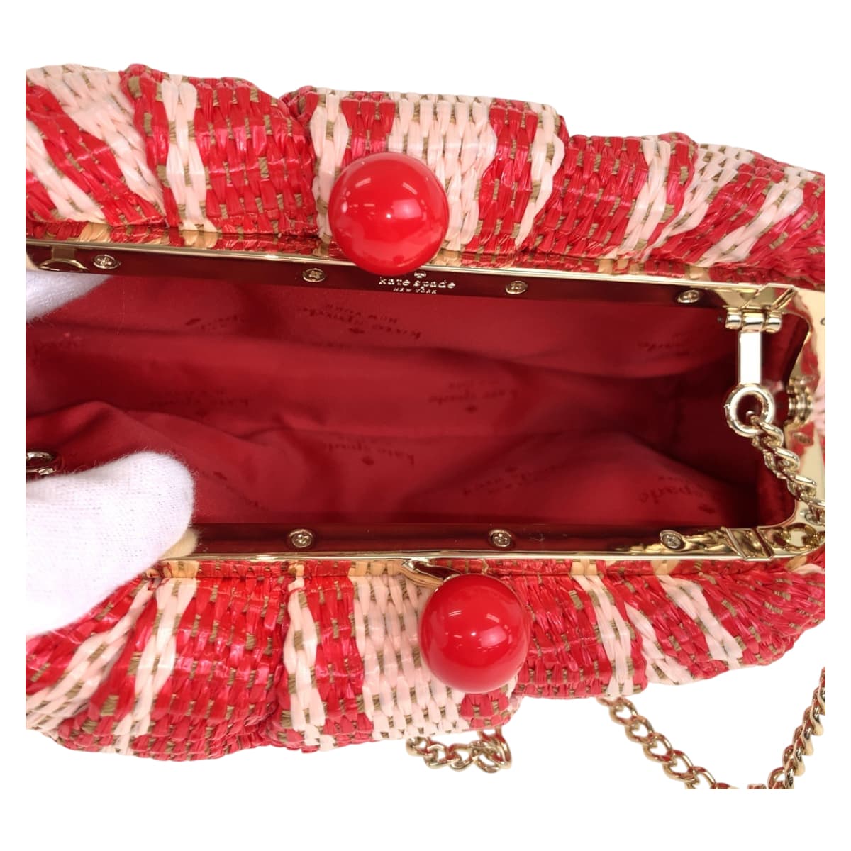 22200
Kate Spade Scrunched Beach Chair Stripe Straw Convertible Red Pink Gold Hardware Straw KB584S1008 Chain Shoulder Bag Pochette Ladies A10