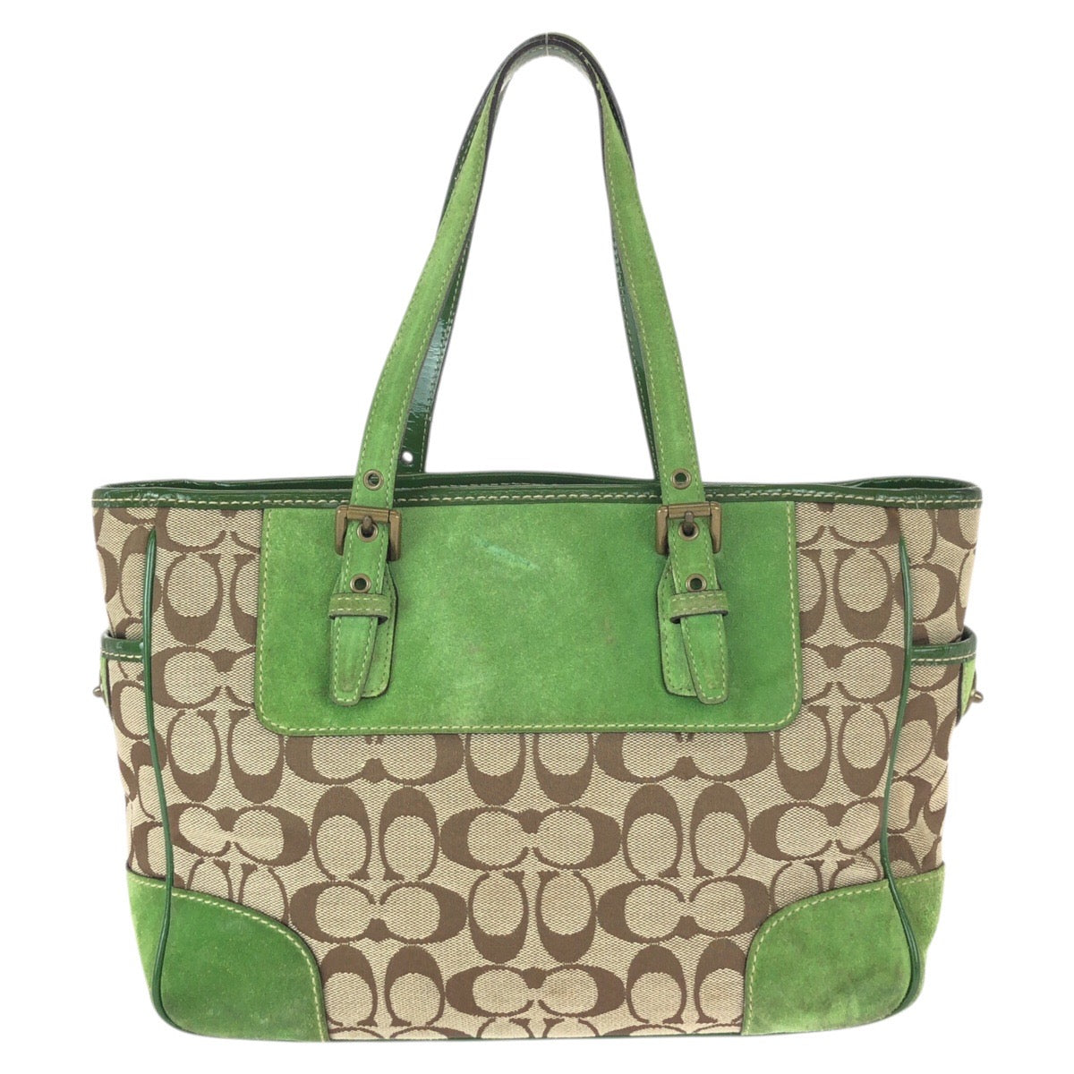22225
COACH コーチ シグネチャー ベージュ グリーン ゴールド金具 キャンバス / スエード 1443 トートバッグ ハンドバッグ レディース AB6