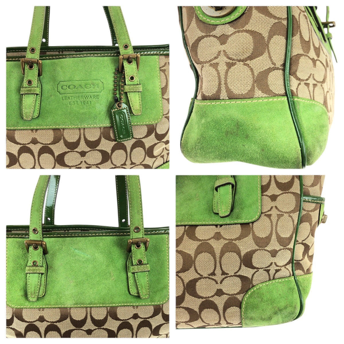 22225
COACH コーチ シグネチャー ベージュ グリーン ゴールド金具 キャンバス / スエード 1443 トートバッグ ハンドバッグ レディース AB6