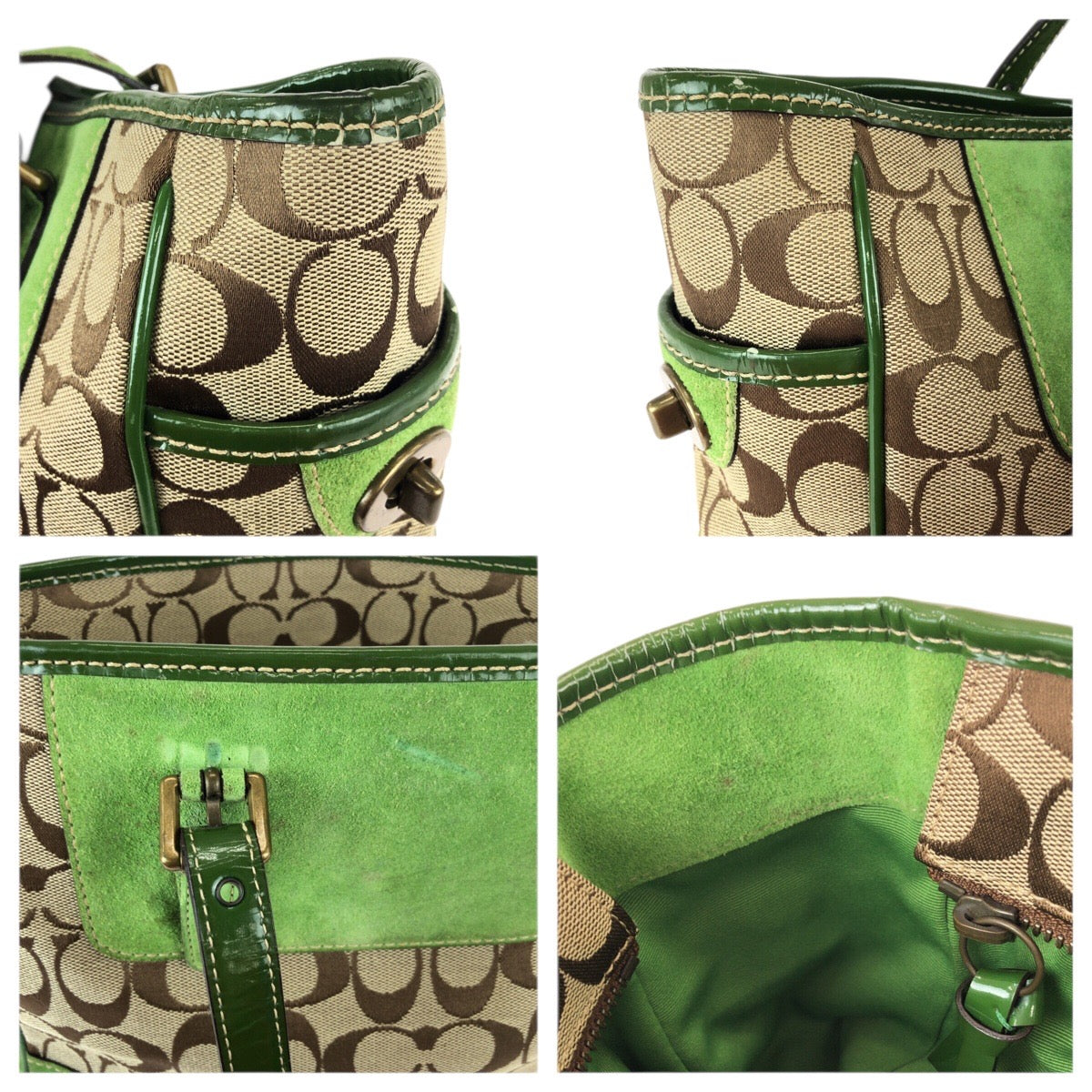 22225
COACH コーチ シグネチャー ベージュ グリーン ゴールド金具 キャンバス / スエード 1443 トートバッグ ハンドバッグ レディース AB6