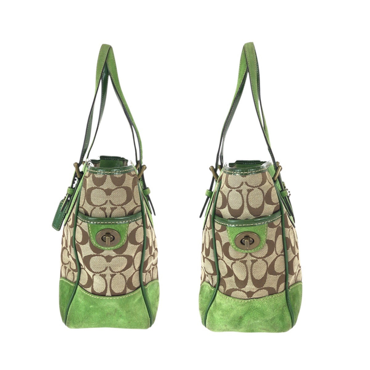 22225
COACH コーチ シグネチャー ベージュ グリーン ゴールド金具 キャンバス / スエード 1443 トートバッグ ハンドバッグ レディース AB6