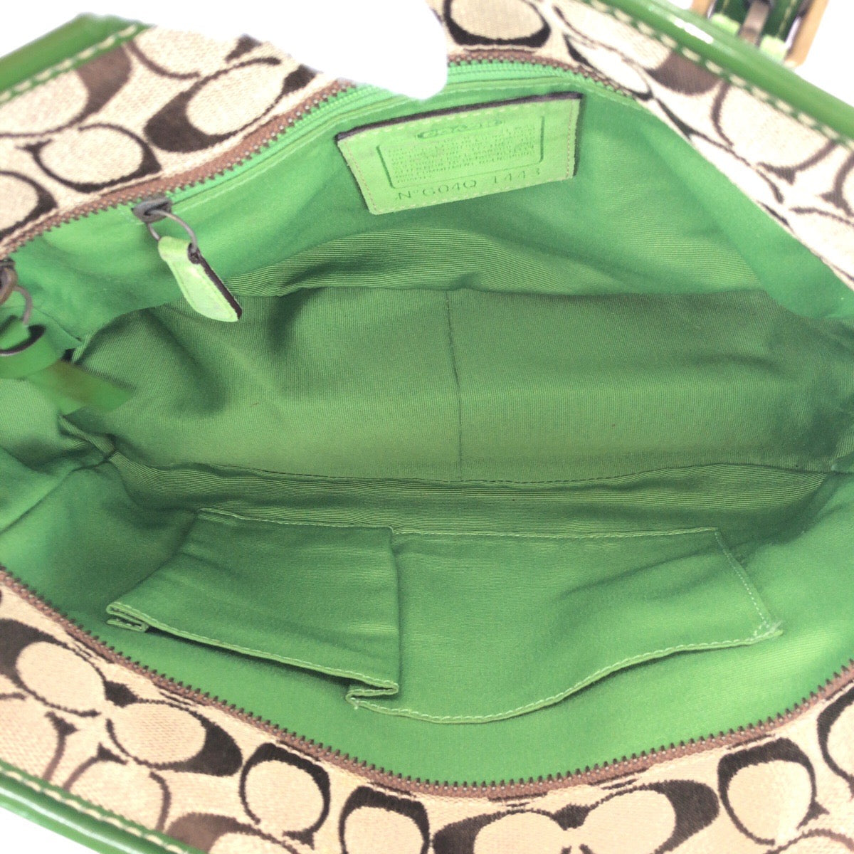 22225
COACH コーチ シグネチャー ベージュ グリーン ゴールド金具 キャンバス / スエード 1443 トートバッグ ハンドバッグ レディース AB6