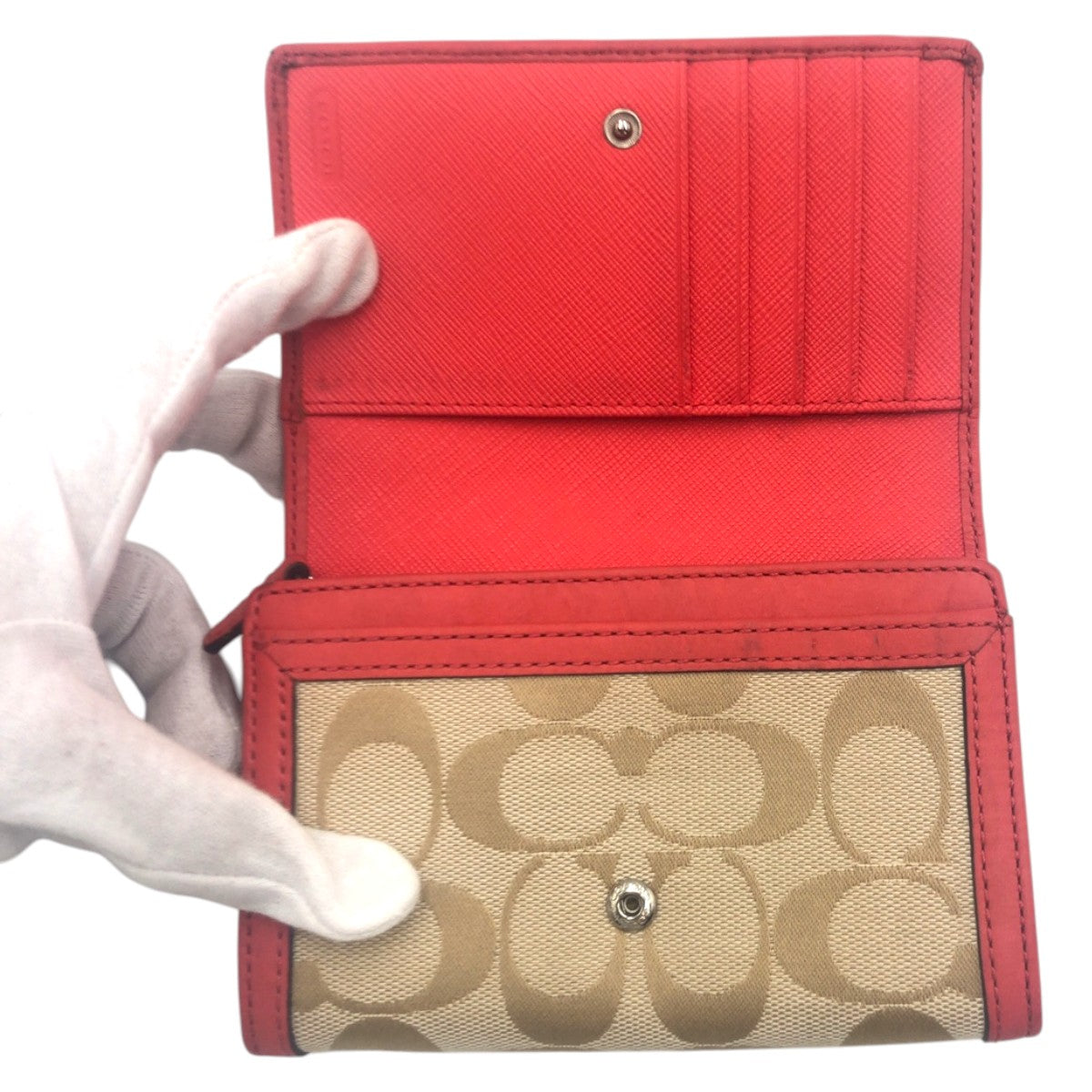 22232
COACH コーチ シグネチャー ベージュ ピンク キャンバス / レザー 二つ折り財布 折り財布 コンパクトウォレット レディース ABP3