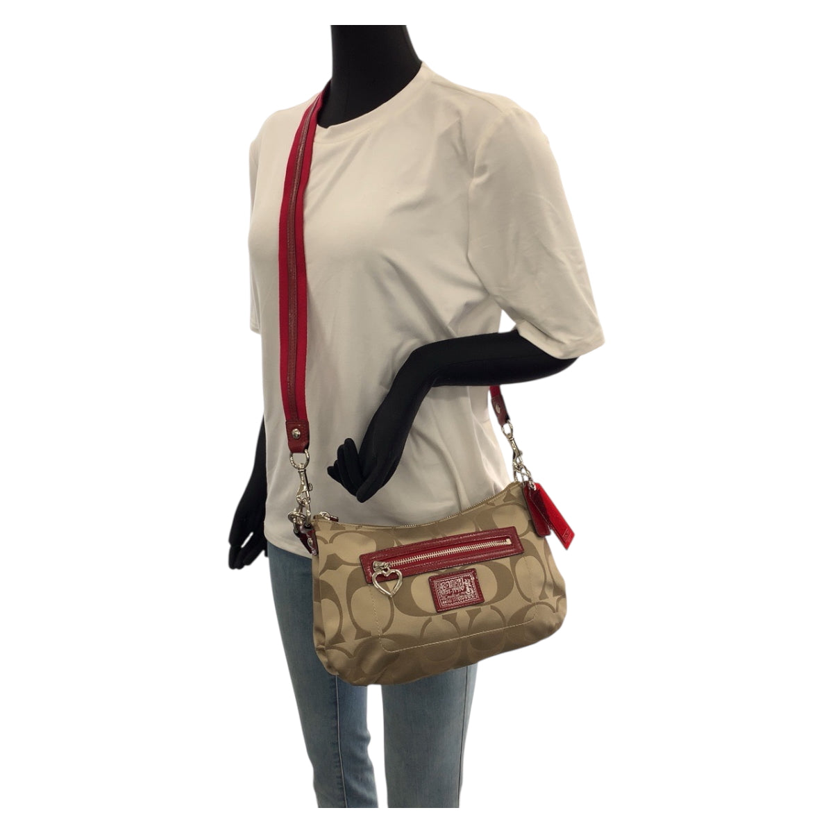 22236
COACH コーチ ポピー シグネチャー クロスボディ 2way ベージュ レッド シルバー金具 キャンバス / レザー F20044 ショルダーバッグ ハンドバッグ レディース ABP8