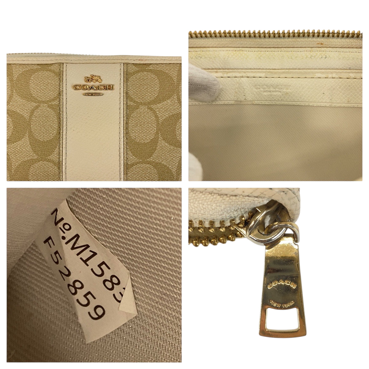 22238
COACH Signature Beige Ivory Gold Hardware PVC / Leather 52859 Long Wallet Round Zipper Ladies B2