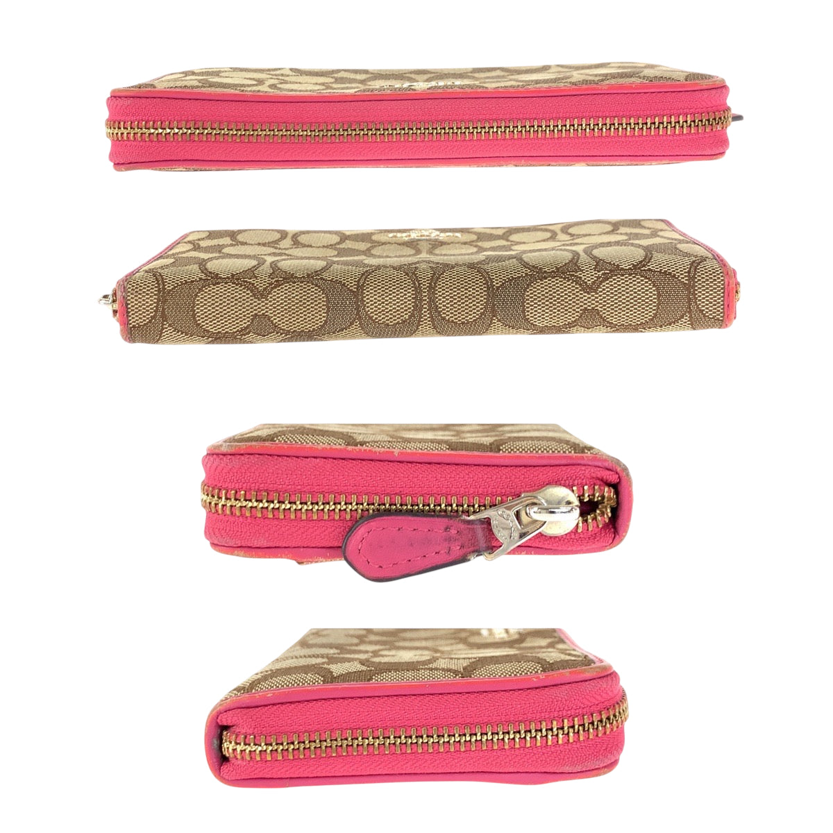 22240
COACH Signature Beige Pink Gold Hardware Canvas / Leather F53539 Long Wallet Round Zipper Ladies B2