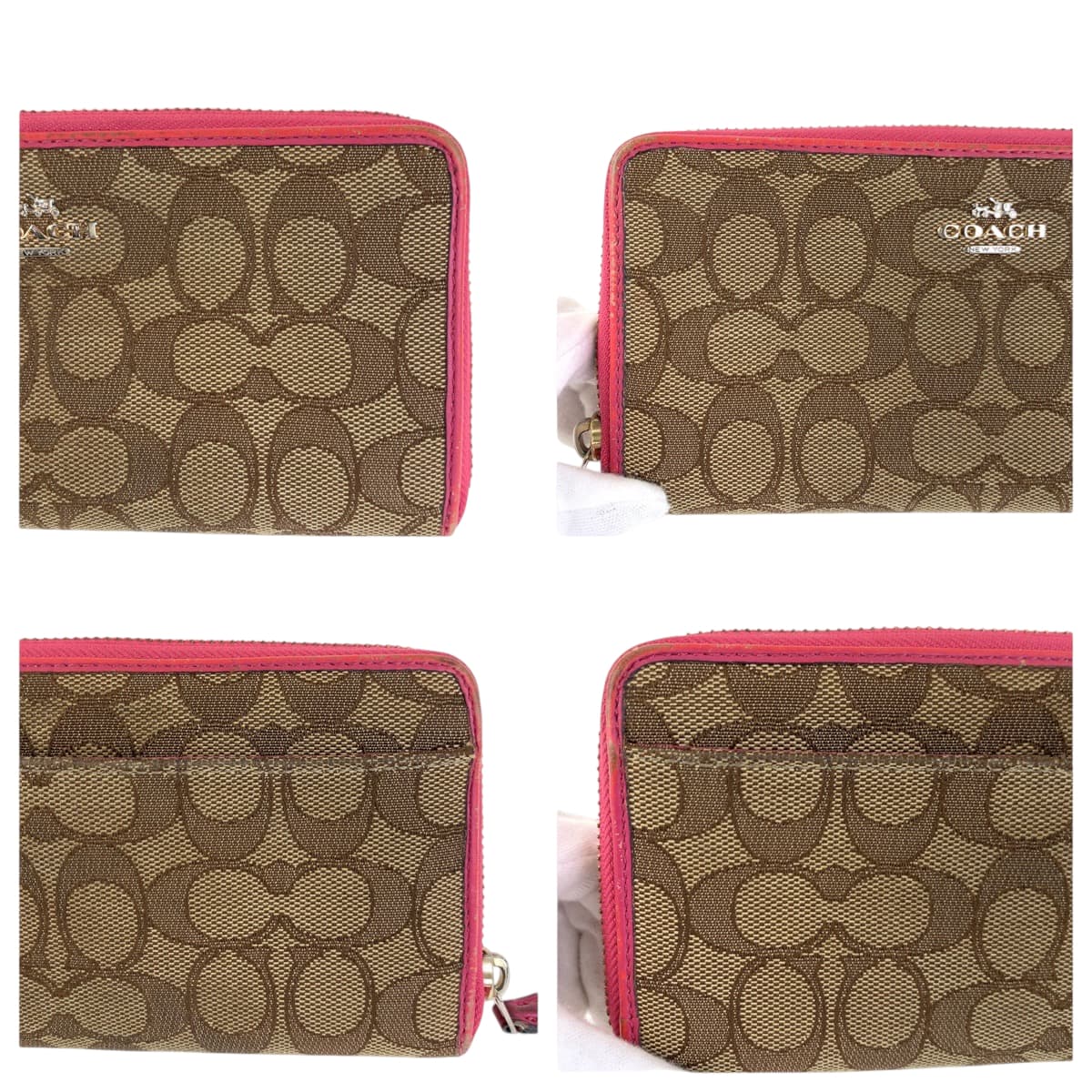22240
COACH Signature Beige Pink Gold Hardware Canvas / Leather F53539 Long Wallet Round Zipper Ladies B2