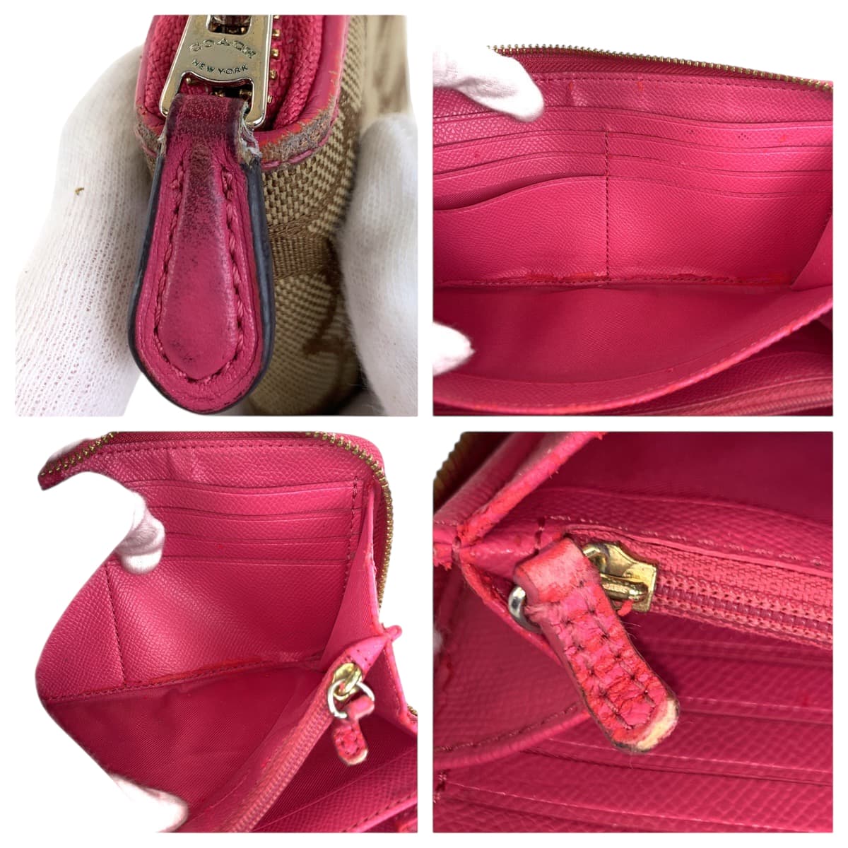 22240
COACH Signature Beige Pink Gold Hardware Canvas / Leather F53539 Long Wallet Round Zipper Ladies B2