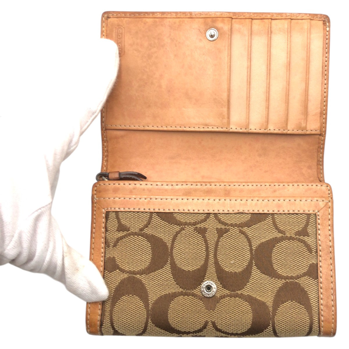 22242
COACH コーチ シグネチャー ブラウン キャンバス / レザー 二つ折り財布 折り財布 コンパクトウォレット レディース AB2