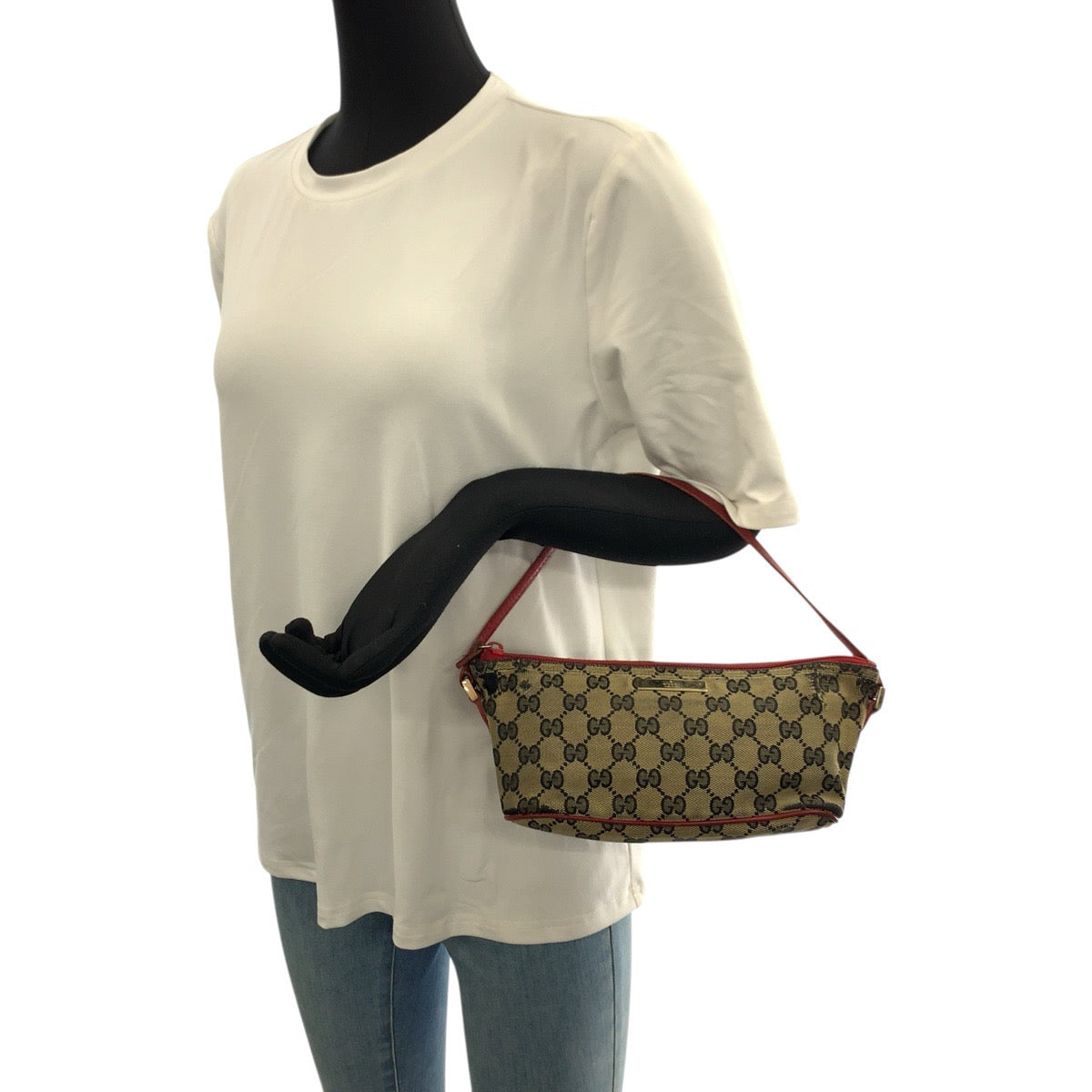 22247
GUCCI グッチ ベージュ レッド ゴールド金具 GGキャンバス / レザー 039.1103 ハンドバッグ アクセサリーポーチ レディース B5