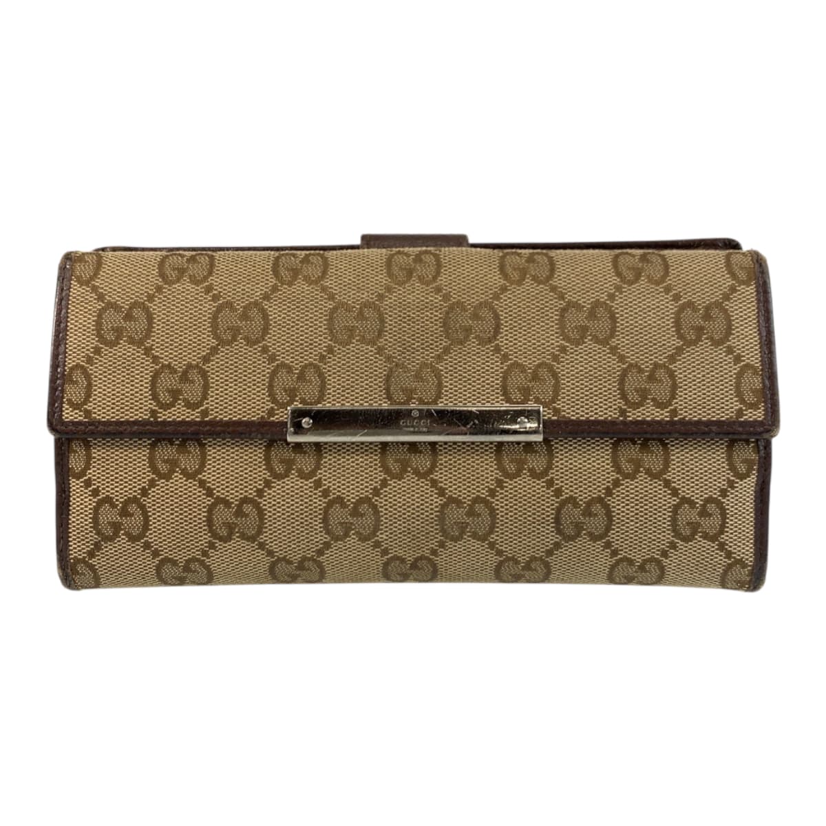 22251
GUCCI Beige Brown Silver Hardware GG Canvas / Leather 112715 Long Wallet for Women B2