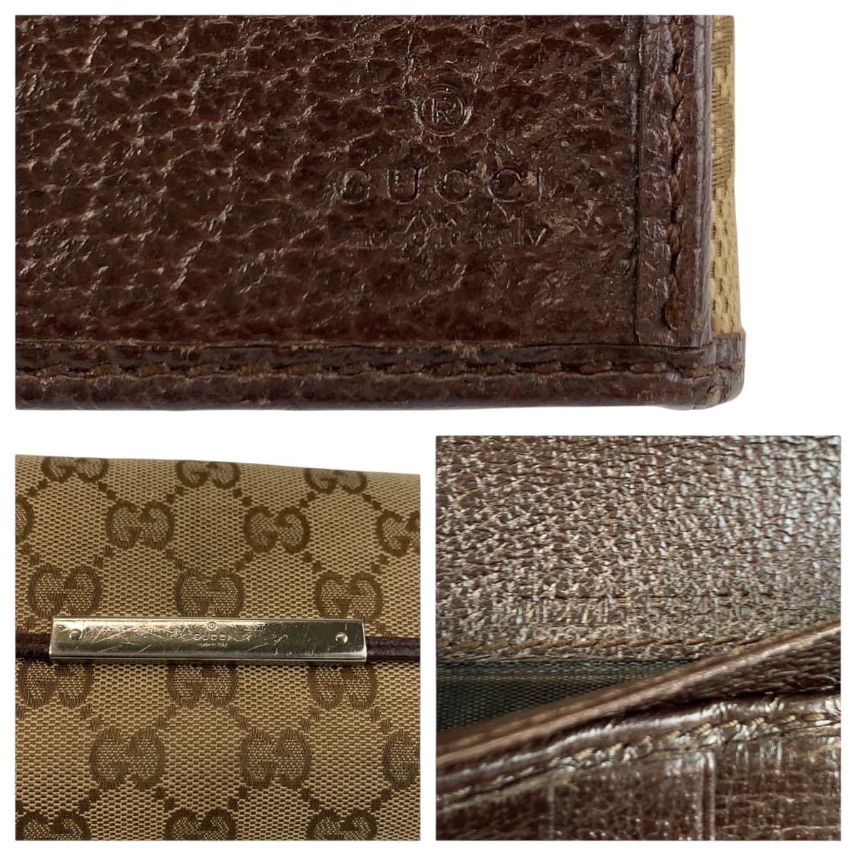 22251
GUCCI Beige Brown Silver Hardware GG Canvas / Leather 112715 Long Wallet for Women B2