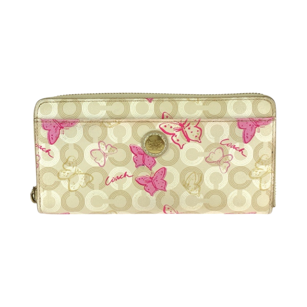 22303
COACH コーチ バタフライ ベージュ ピンク ゴールド金具 PVC 長財布 ラウンドファスナー レディース AB