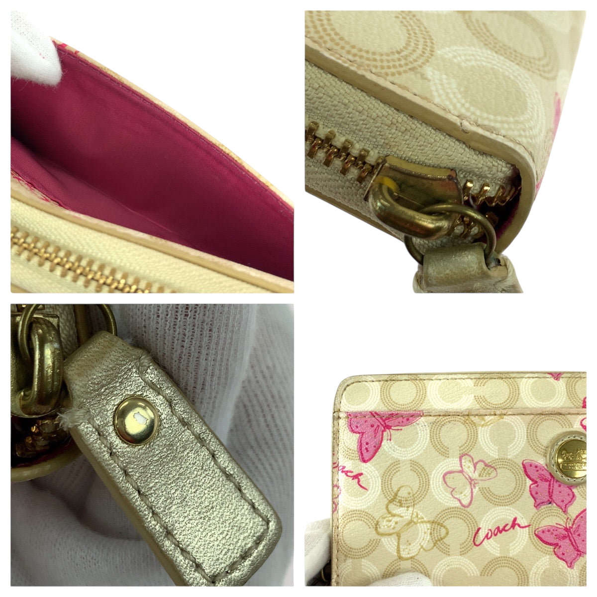 22303
COACH コーチ バタフライ ベージュ ピンク ゴールド金具 PVC 長財布 ラウンドファスナー レディース AB