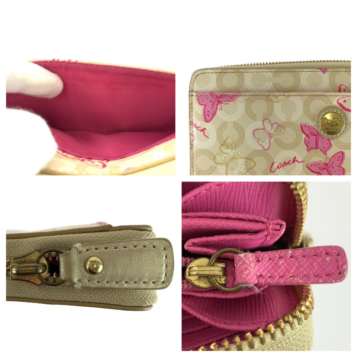 22303
COACH コーチ バタフライ ベージュ ピンク ゴールド金具 PVC 長財布 ラウンドファスナー レディース AB