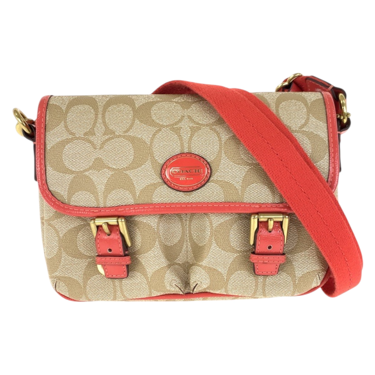 22321
COACH コーチ シグネチャー ベージュ オレンジ ゴールド金具 PVC ショルダーバッグ メッセンジャーバッグ レディース A10
