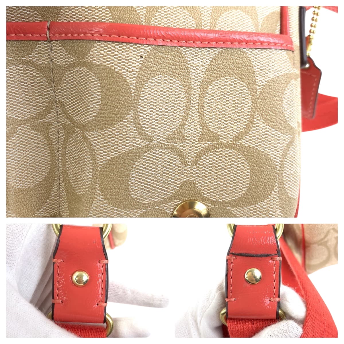 22321
COACH コーチ シグネチャー ベージュ オレンジ ゴールド金具 PVC ショルダーバッグ メッセンジャーバッグ レディース A10