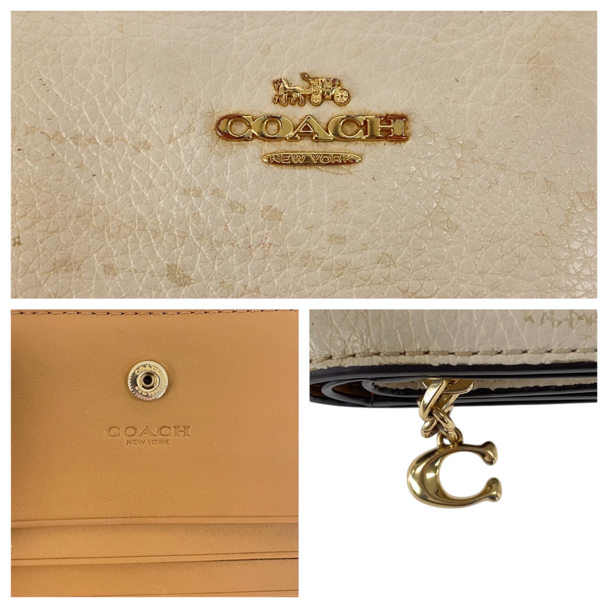 22336
COACH コーチ ホワイト アイボリー ブラウン ゴールド金具 レザー 折財布 コンパクトウォレット レディース AB2