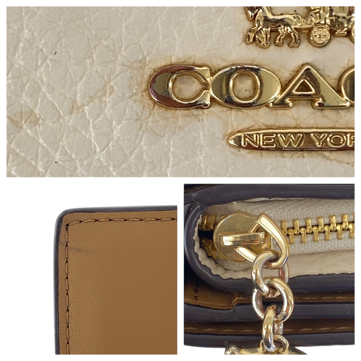 22336
COACH コーチ ホワイト アイボリー ブラウン ゴールド金具 レザー 折財布 コンパクトウォレット レディース AB2