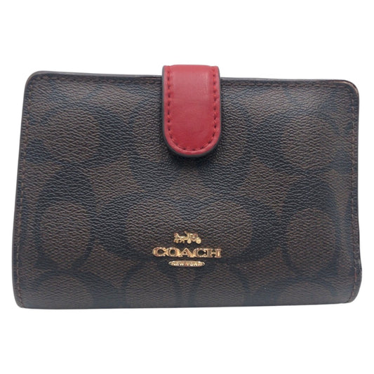 22338
COACH コーチ シグネチャー ブラウン レッド レザー 二つ折り財布 折り財布 コンパクトウォレット レディース AB2