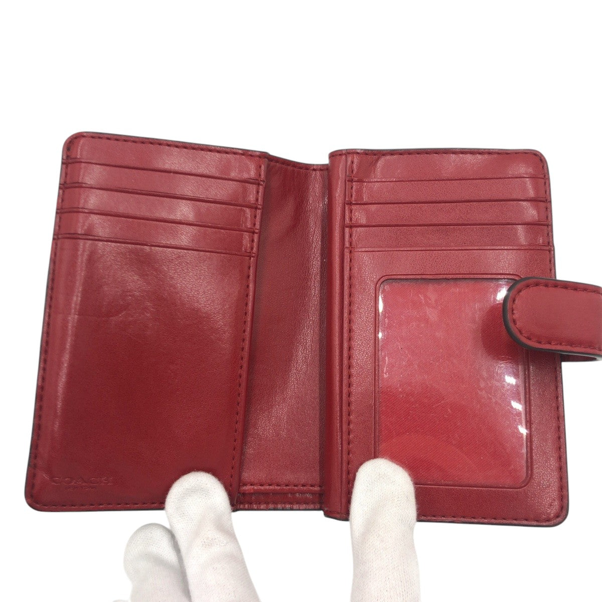 22338
COACH コーチ シグネチャー ブラウン レッド レザー 二つ折り財布 折り財布 コンパクトウォレット レディース AB2