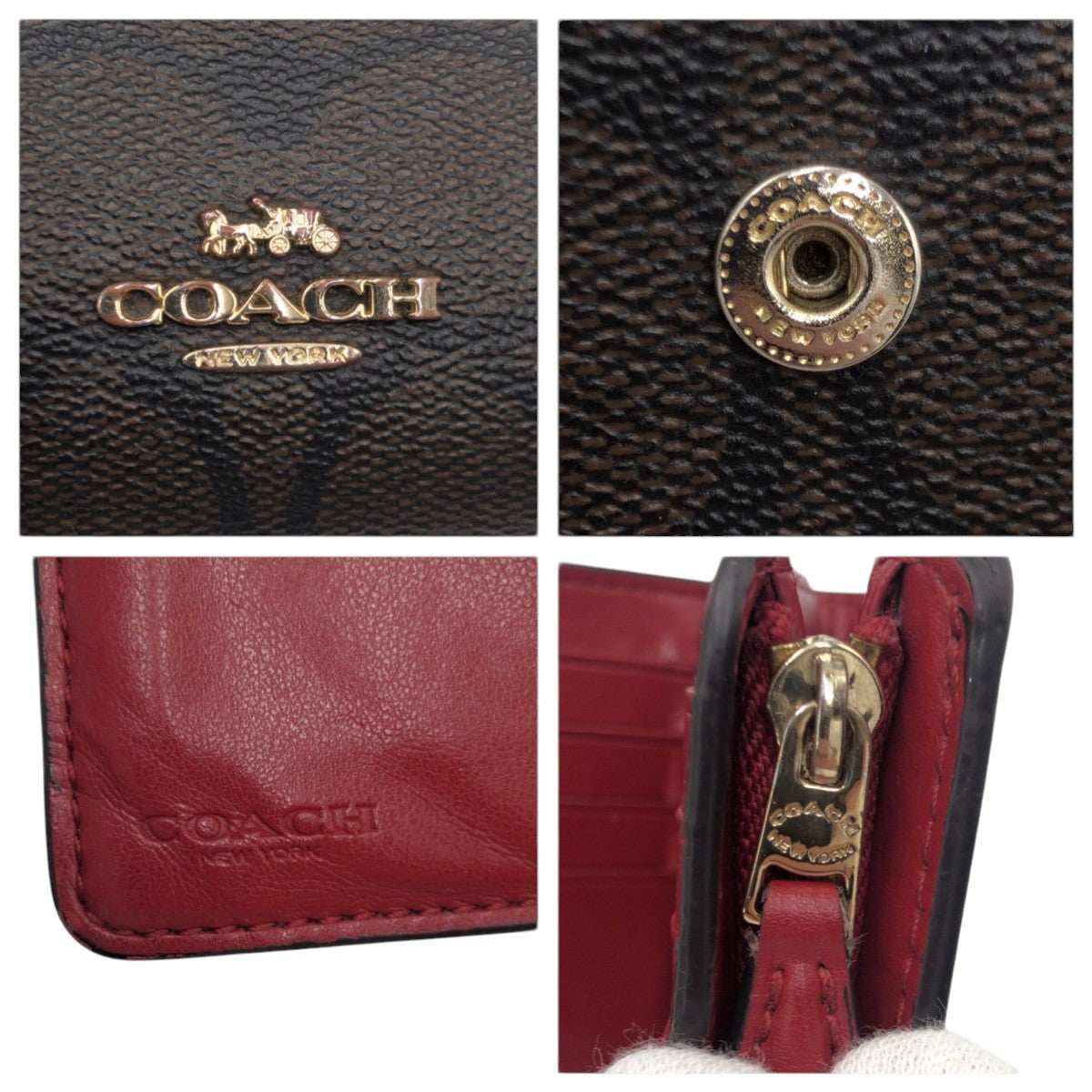 22338
COACH コーチ シグネチャー ブラウン レッド レザー 二つ折り財布 折り財布 コンパクトウォレット レディース AB2