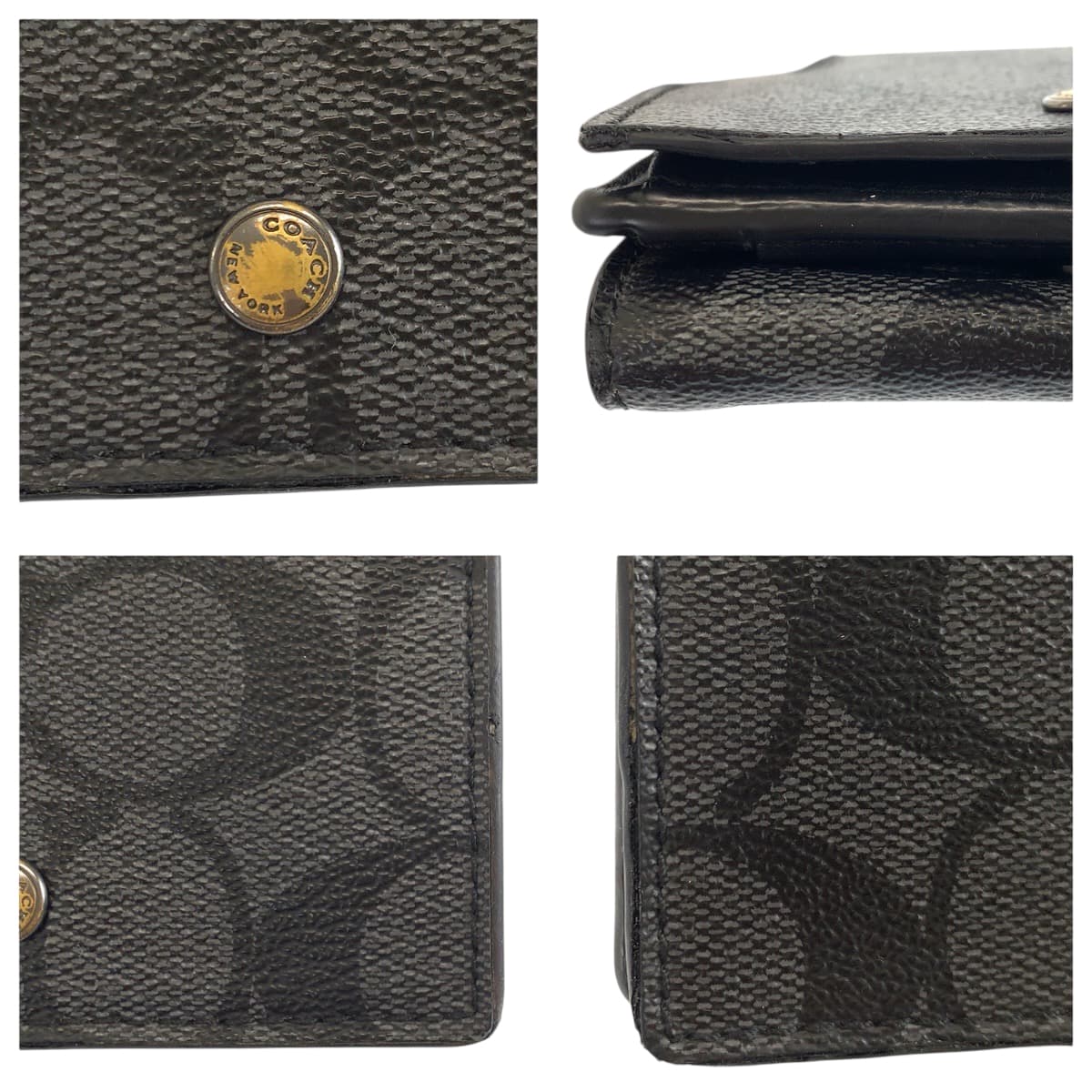 22342
COACH Signature Black Gray Gold Hardware Leather F77928 Bifold Wallet Compact Wallet Men's AB3