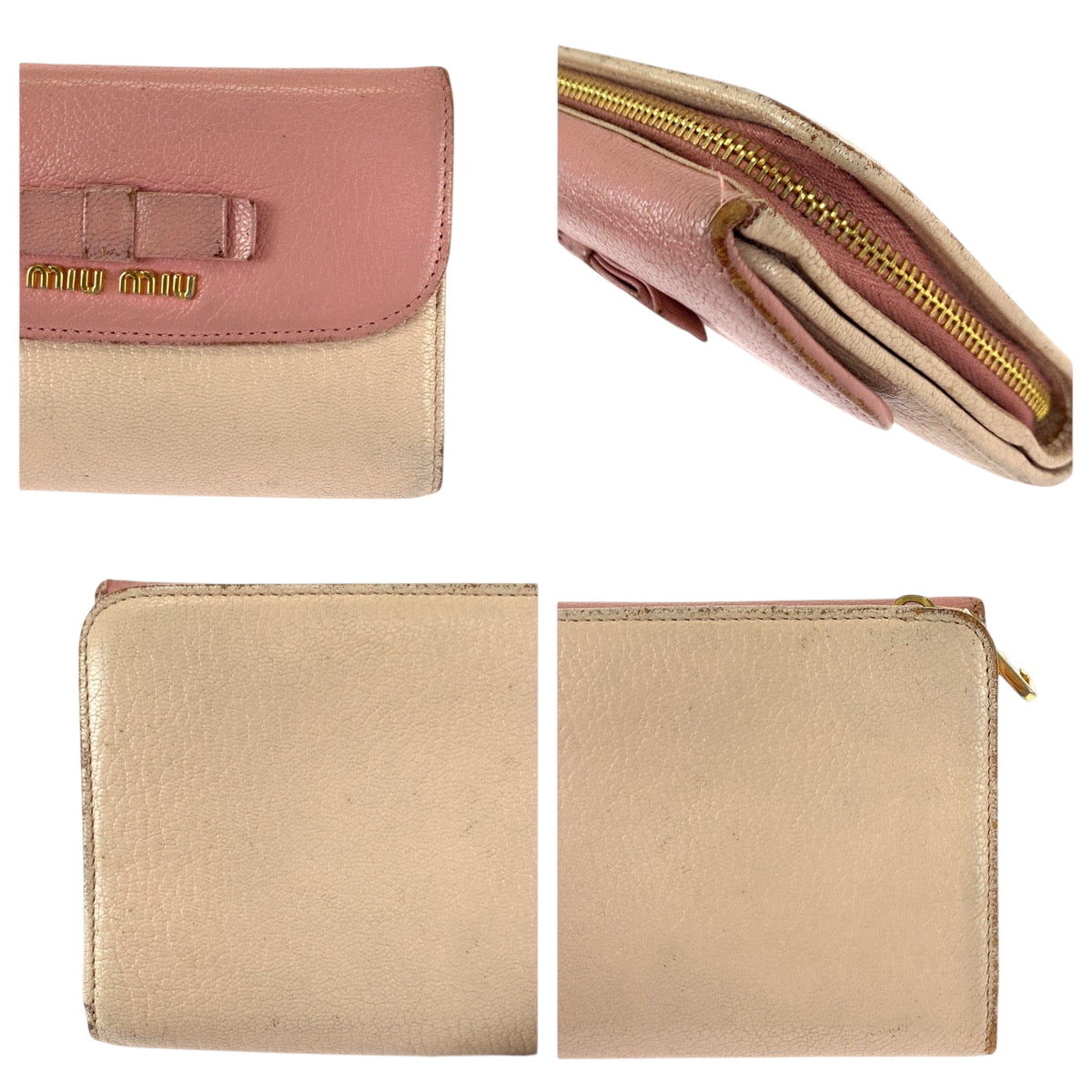 22363
MIUMIU ミュウミュウ マドラス リボン ピンク ゴールド金具 レザー 折財布 コンパクトウォレット レディース AB3