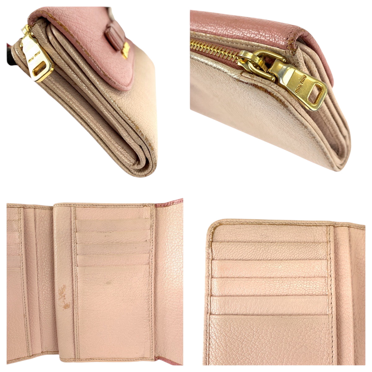 22363
MIUMIU ミュウミュウ マドラス リボン ピンク ゴールド金具 レザー 折財布 コンパクトウォレット レディース AB3