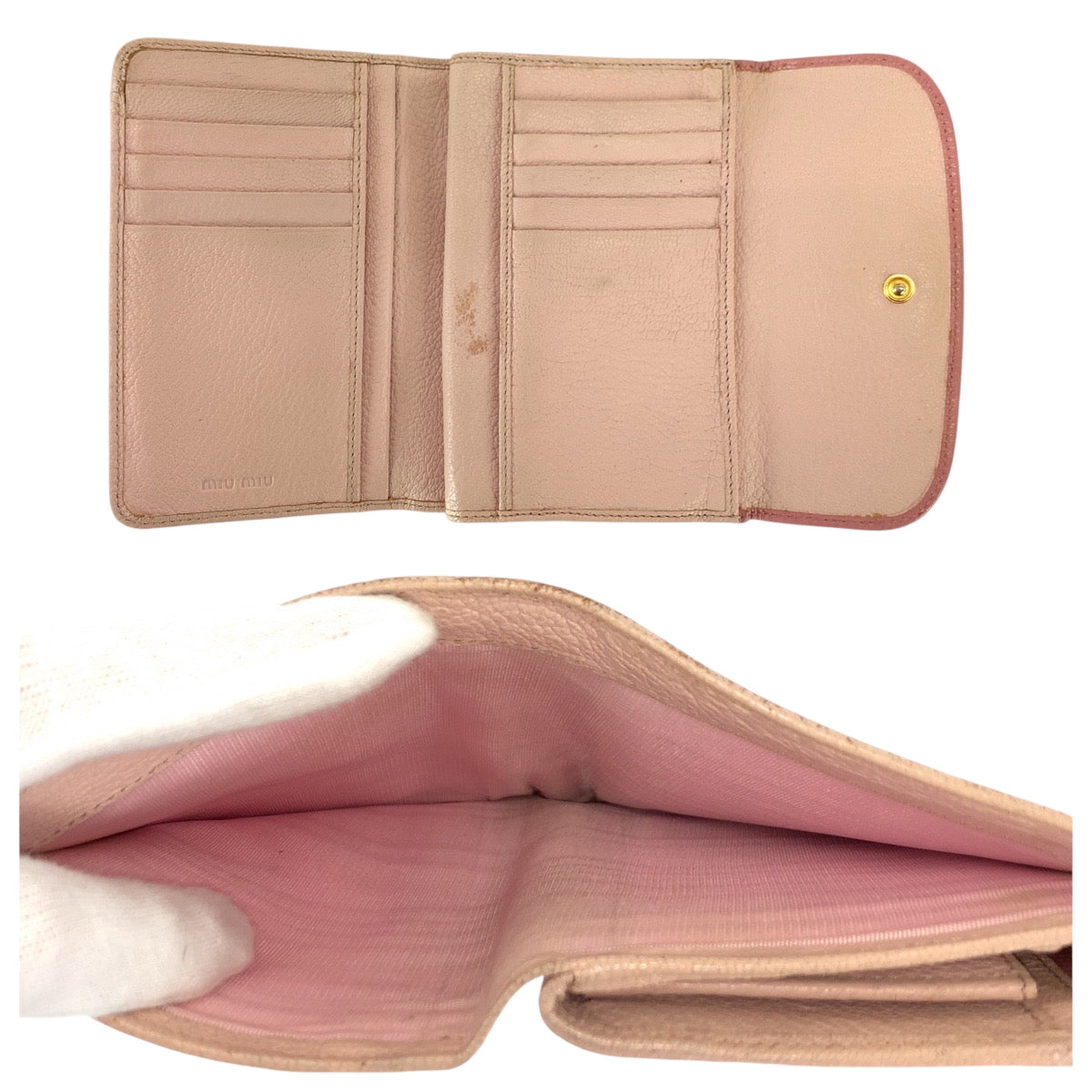 22363
MIUMIU ミュウミュウ マドラス リボン ピンク ゴールド金具 レザー 折財布 コンパクトウォレット レディース AB3