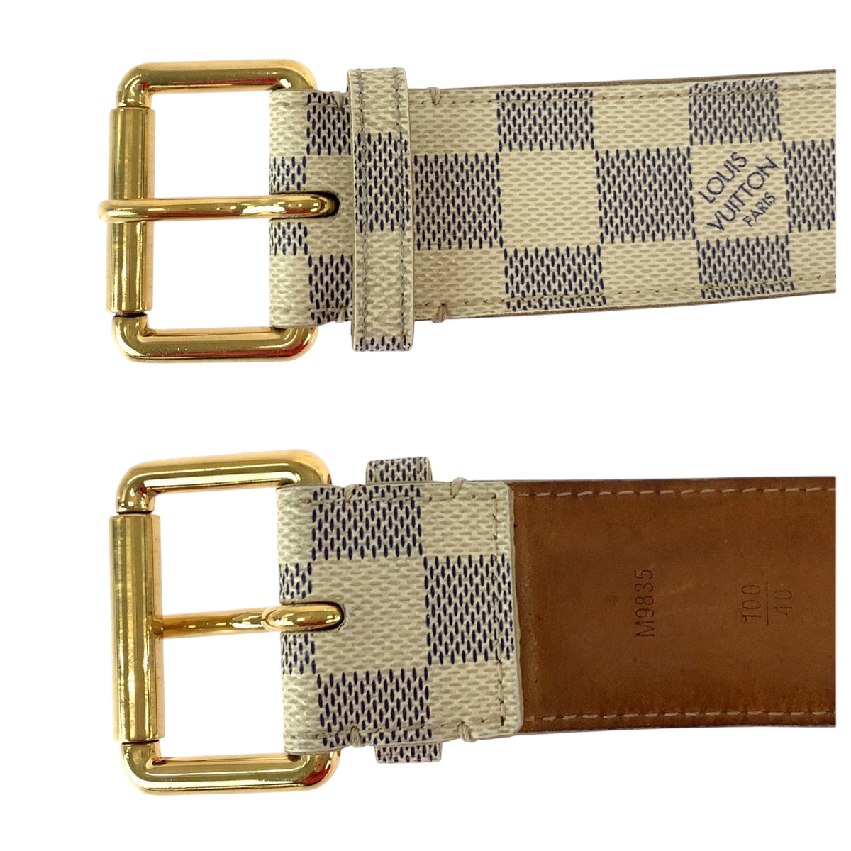 22383
LOUIS VUITTON ルイヴィトン ダミエ アズール サンチュール ポシェット ソロ ホワイト グレー ゴールド金具 PVC / レザー M9835 ベルト 男女兼用 メンズ AB8