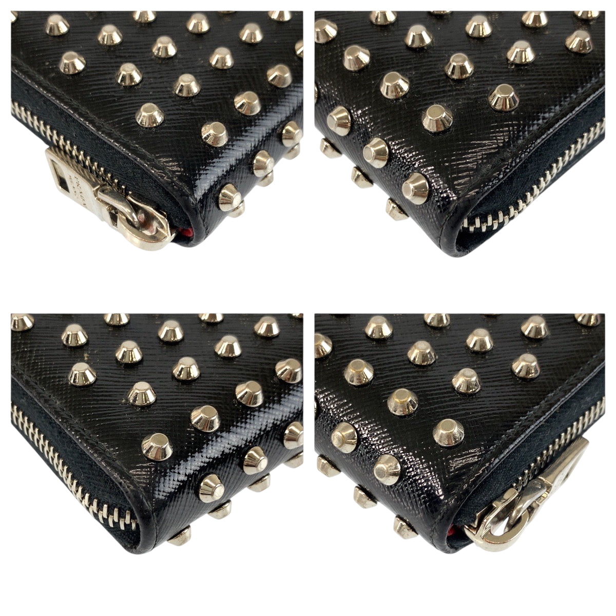 22417
PRADA プラダ スタッズ ブラック 黒 レッド シルバー金具 パテントレザー 長財布 ロングウォレット メンズ ABP24