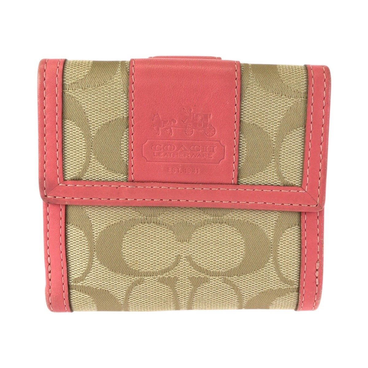 22419
COACH コーチ シグネチャー ピンク ベージュ ゴールド金具 キャンバス / レザー 折り財布 コンパクトウォレット レディース ABP5