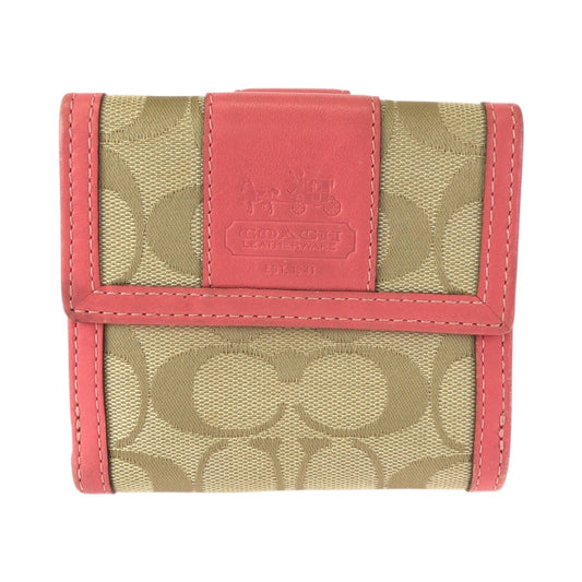 22419
COACH コーチ シグネチャー ピンク ベージュ ゴールド金具 キャンバス / レザー 折り財布 コンパクトウォレット レディース ABP5