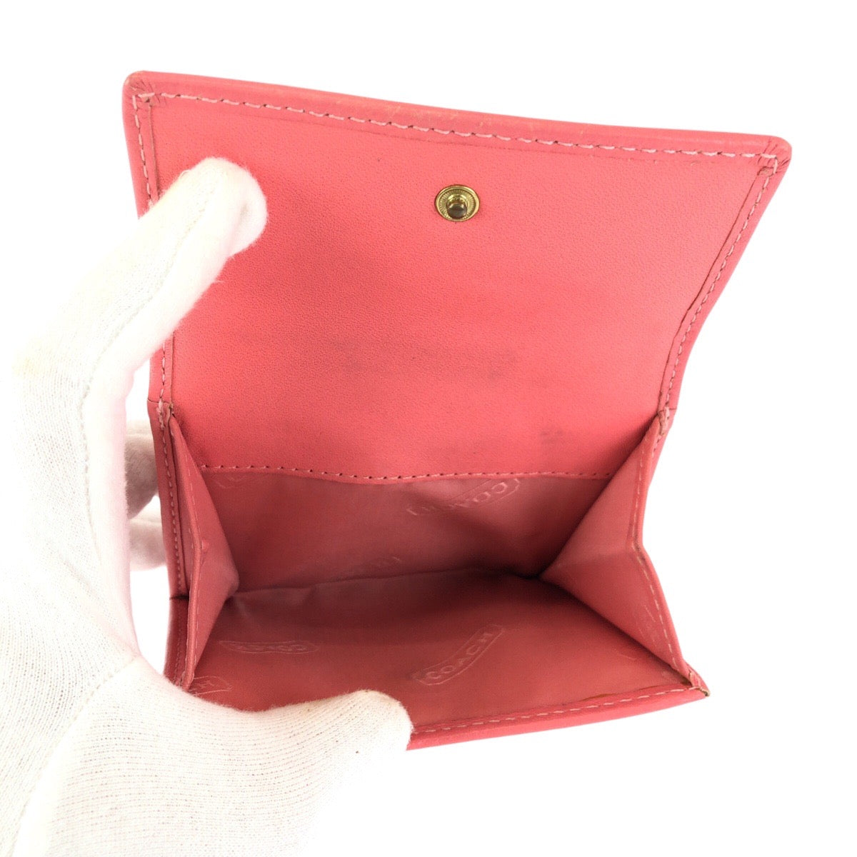 22419
COACH コーチ シグネチャー ピンク ベージュ ゴールド金具 キャンバス / レザー 折り財布 コンパクトウォレット レディース ABP5