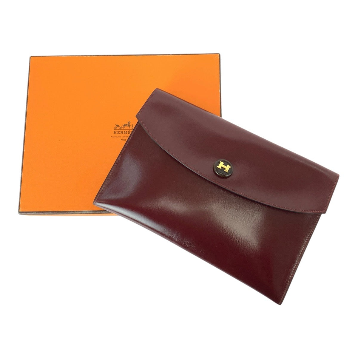 22428
HERMES エルメス ヴィンテージ ポシェットリオ ワインレッド ルージュアッシュ ゴールド金具 ボックスカーフ クラッチバッグ セカンドバッグ ⚪︎O刻印 レディース ABP30