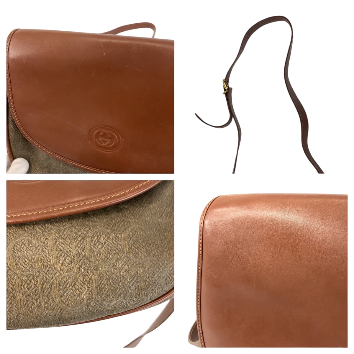 22429
GUCCI グッチ ヴィンテージ オールドグッチ ブラウン ゴールド金具 レザー / キャンバス 001 084 1304 ショルダーバッグ ポシェット レディース AB20