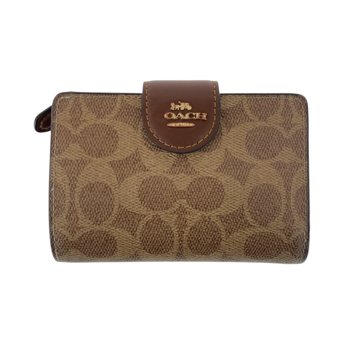 22440
COACH コーチ シグネチャー ベージュ ブラウン ゴールド金具 PVC / レザー 折財布 コンパクトウォレット レディース AB5