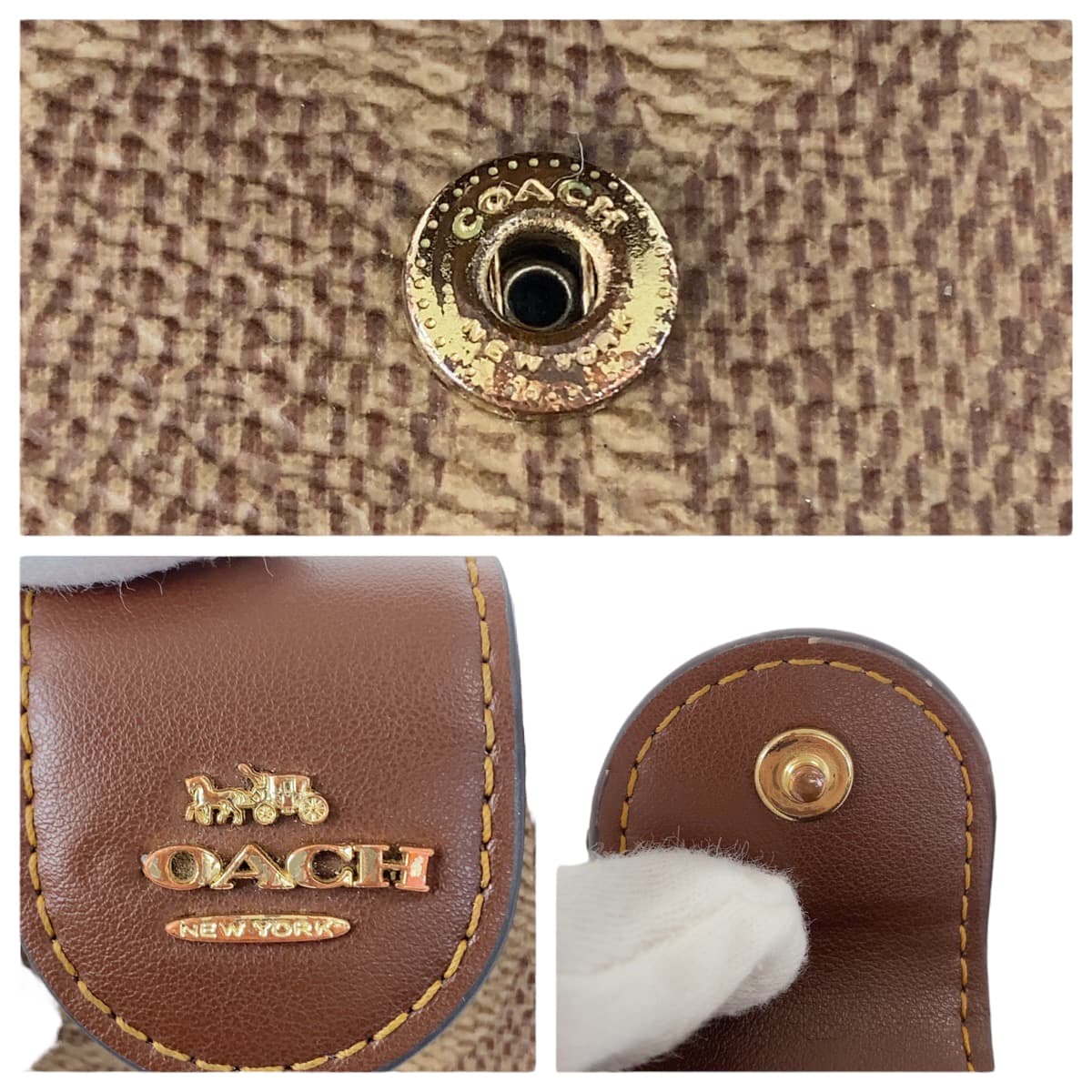 22440
COACH コーチ シグネチャー ベージュ ブラウン ゴールド金具 PVC / レザー 折財布 コンパクトウォレット レディース AB5