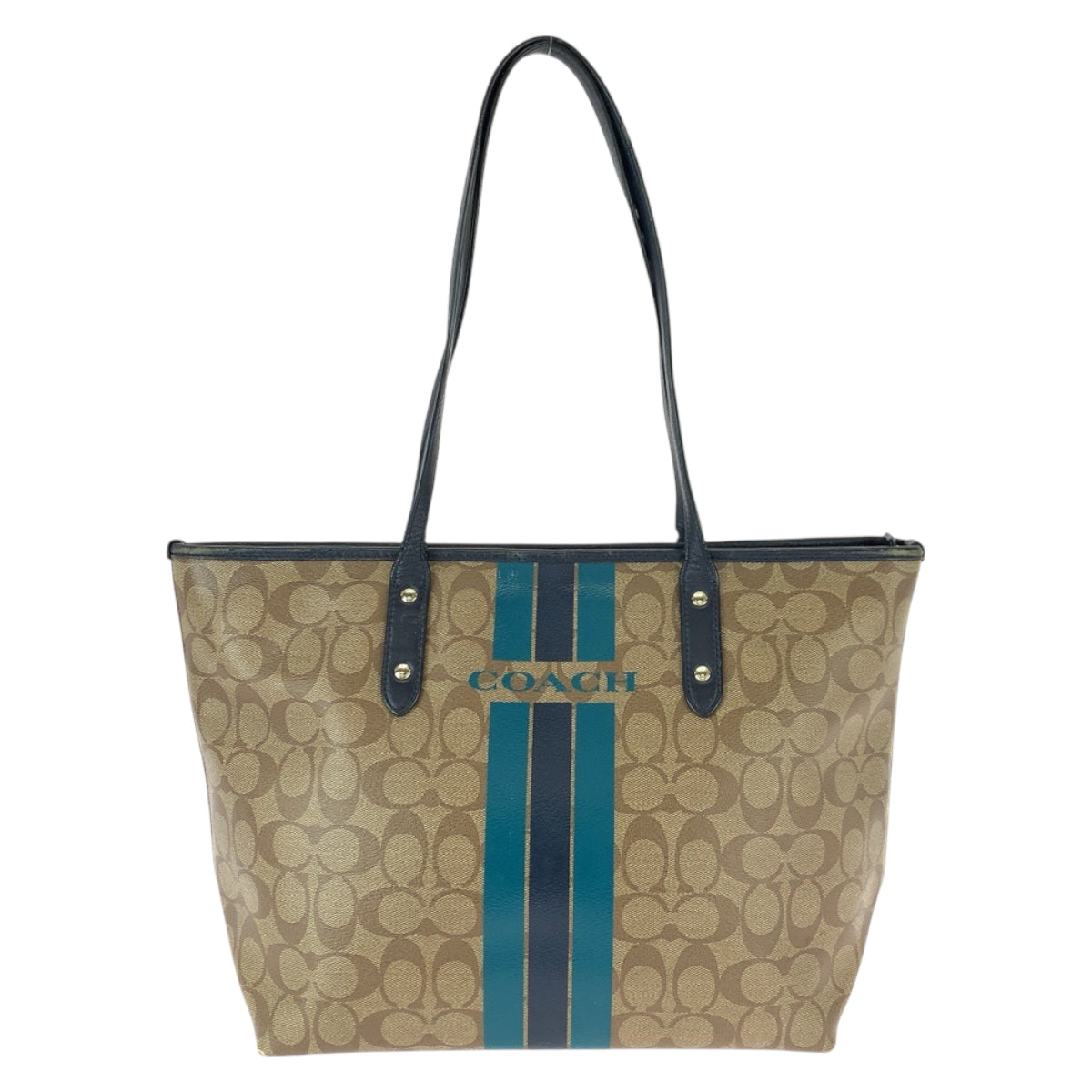 22458
COACH Signature Beige Navy Gold Hardware PVC / Leather F38405 Shoulder Bag Tote Bag Ladies AB5