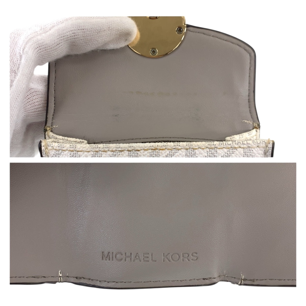 22479
Michael Kors マイケルコース グレー ホワイト ゴールド金具 レザー / PVC 折財布 コンパクトウォレット レディース AB3